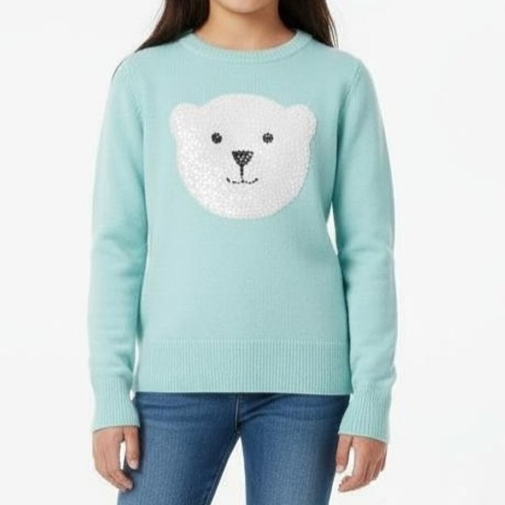 Kids Polar Bear Sequin Holiday Sweater Teal Size L 10-12 Winter NWOT